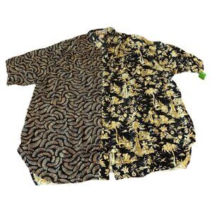 BOP Womens Button Down Half & Half Print Shirt 1X 100% Rayon Black & Gold Made I
